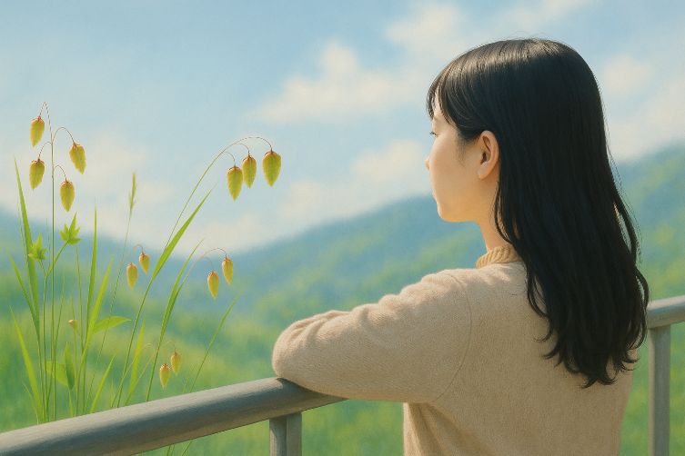 遠くを眺める女性
